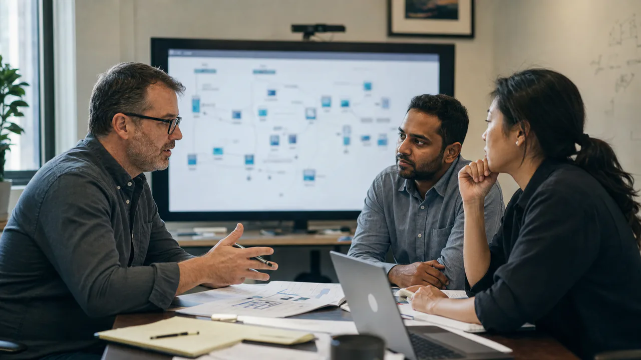 Three security practitioners reviewing an engagement scope in a working meeting room.