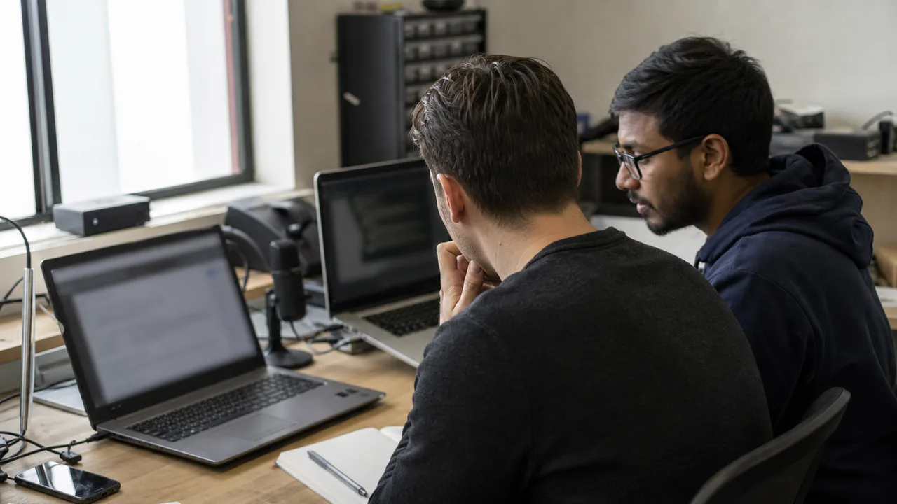 Security researchers evaluating an AI product workflow at a shared engineering workbench.