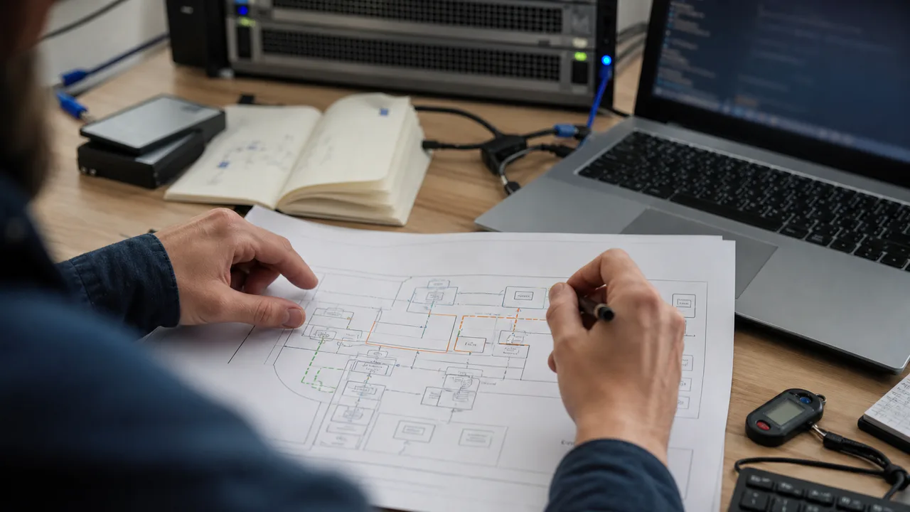 Cloud security architect tracing an access path across a printed architecture diagram.