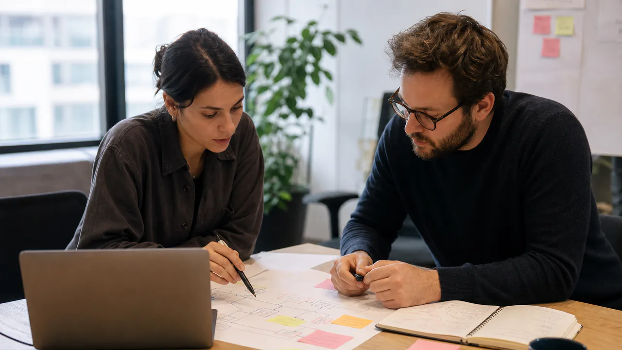 Product and security engineers reviewing a threat model together before implementation.