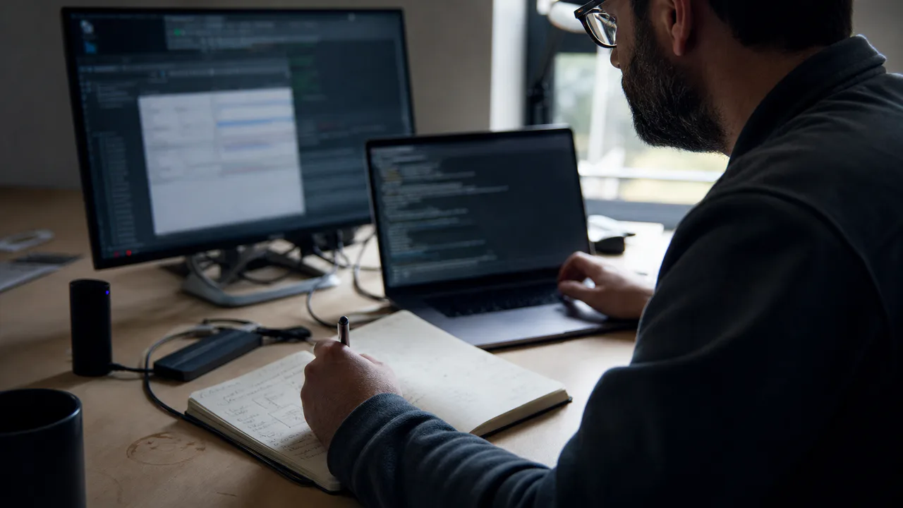 Application security engineer documenting a manual penetration test at a working desk.