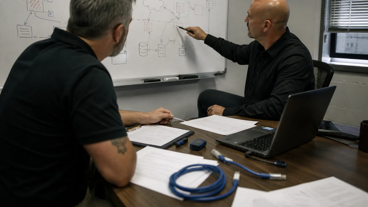 Two red-team operators planning an authorized adversary simulation around a whiteboard.