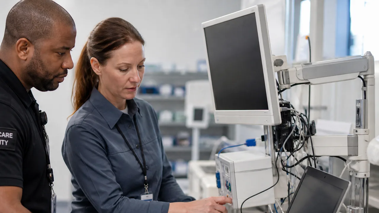 Healthcare security specialists reviewing a connected clinical workstation in a lab.