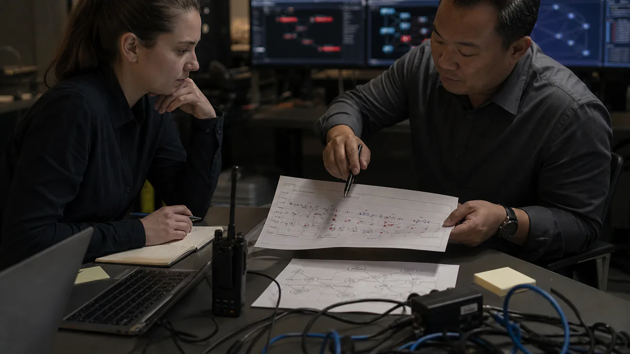 Red-team operator and detection engineer comparing evidence after a controlled exercise.
