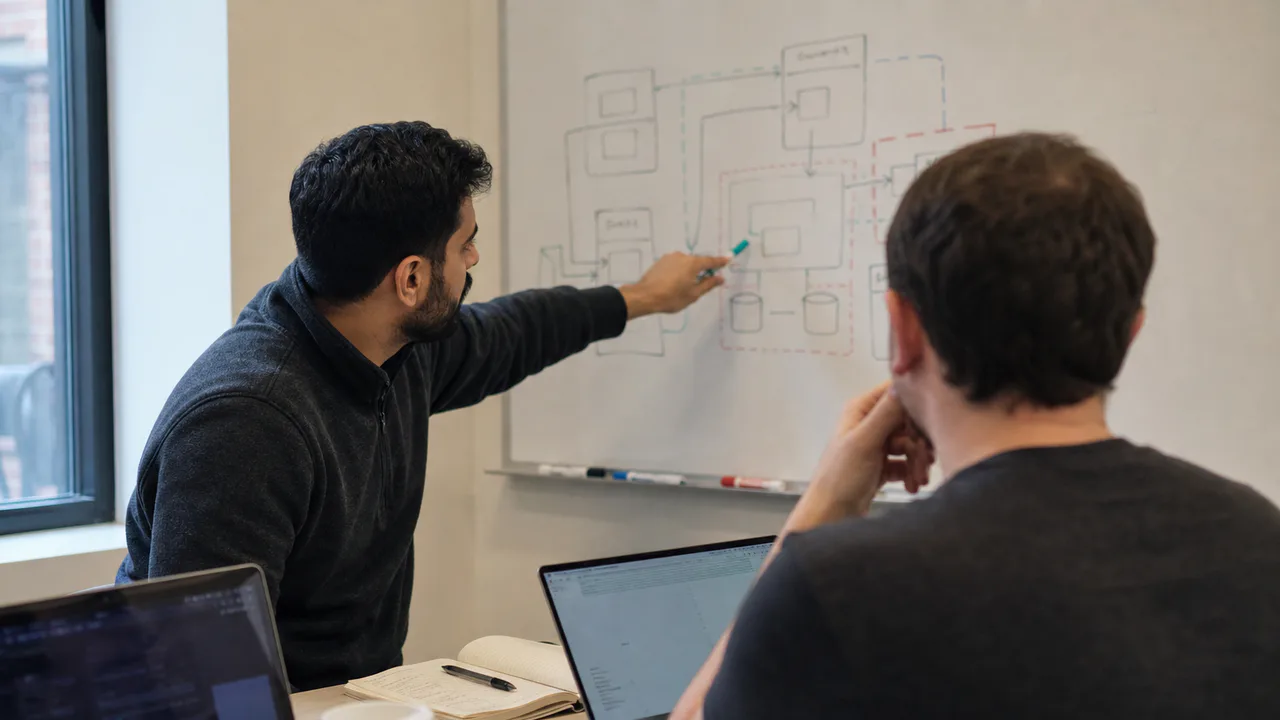 Software engineers tracing multi-tenant service boundaries during an architecture review.