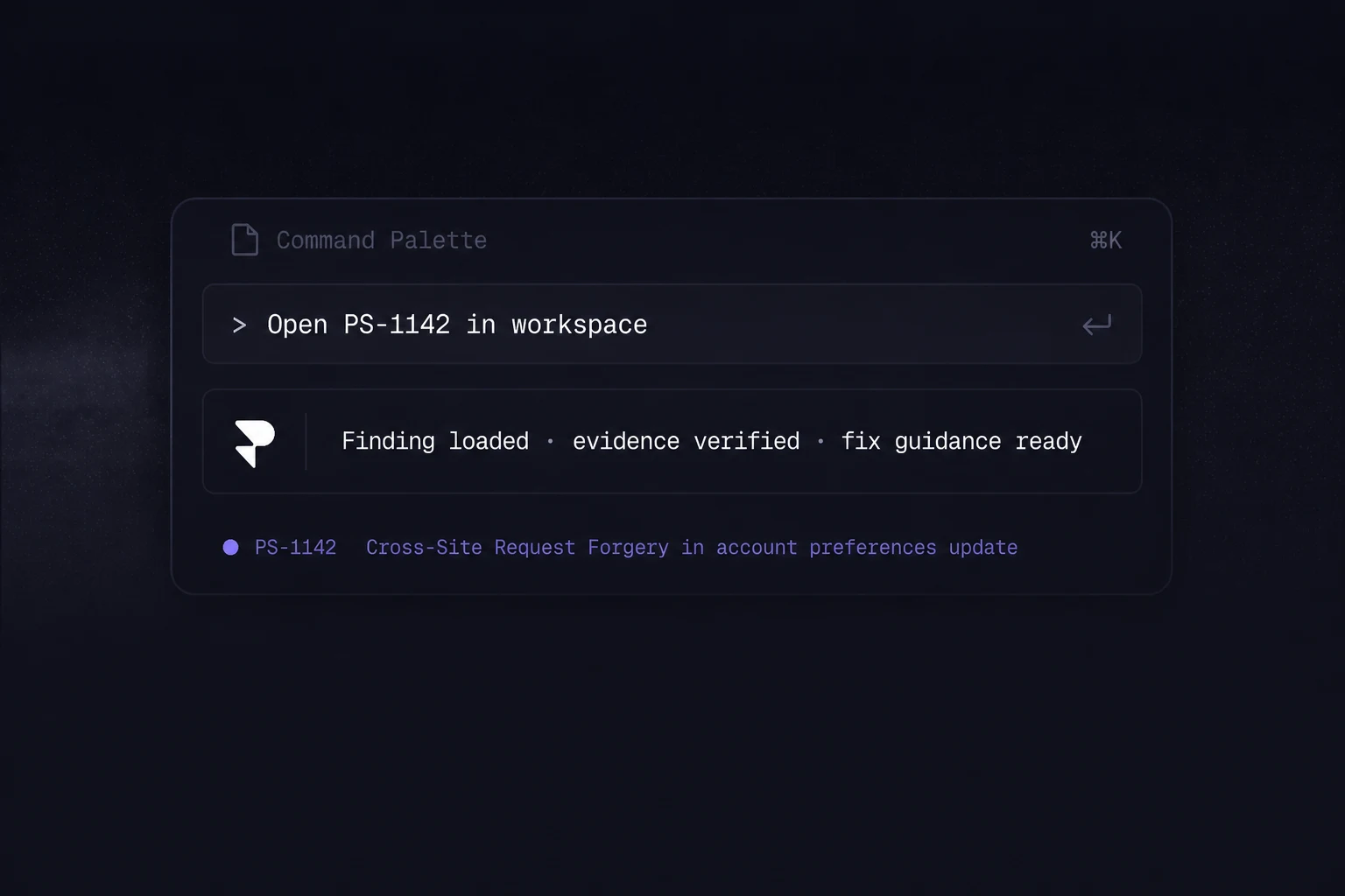 PentStark finding opened in a developer command palette